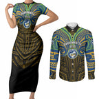 Custom Parramatta Eels Couples Matching Short Sleeve Bodycon Dress and Long Sleeve Button Shirt Eel Warrior Polynesia Islander Rugby Mascot