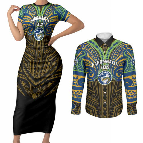 Custom Parramatta Eels Couples Matching Short Sleeve Bodycon Dress and Long Sleeve Button Shirt Eel Warrior Polynesia Islander Rugby Mascot