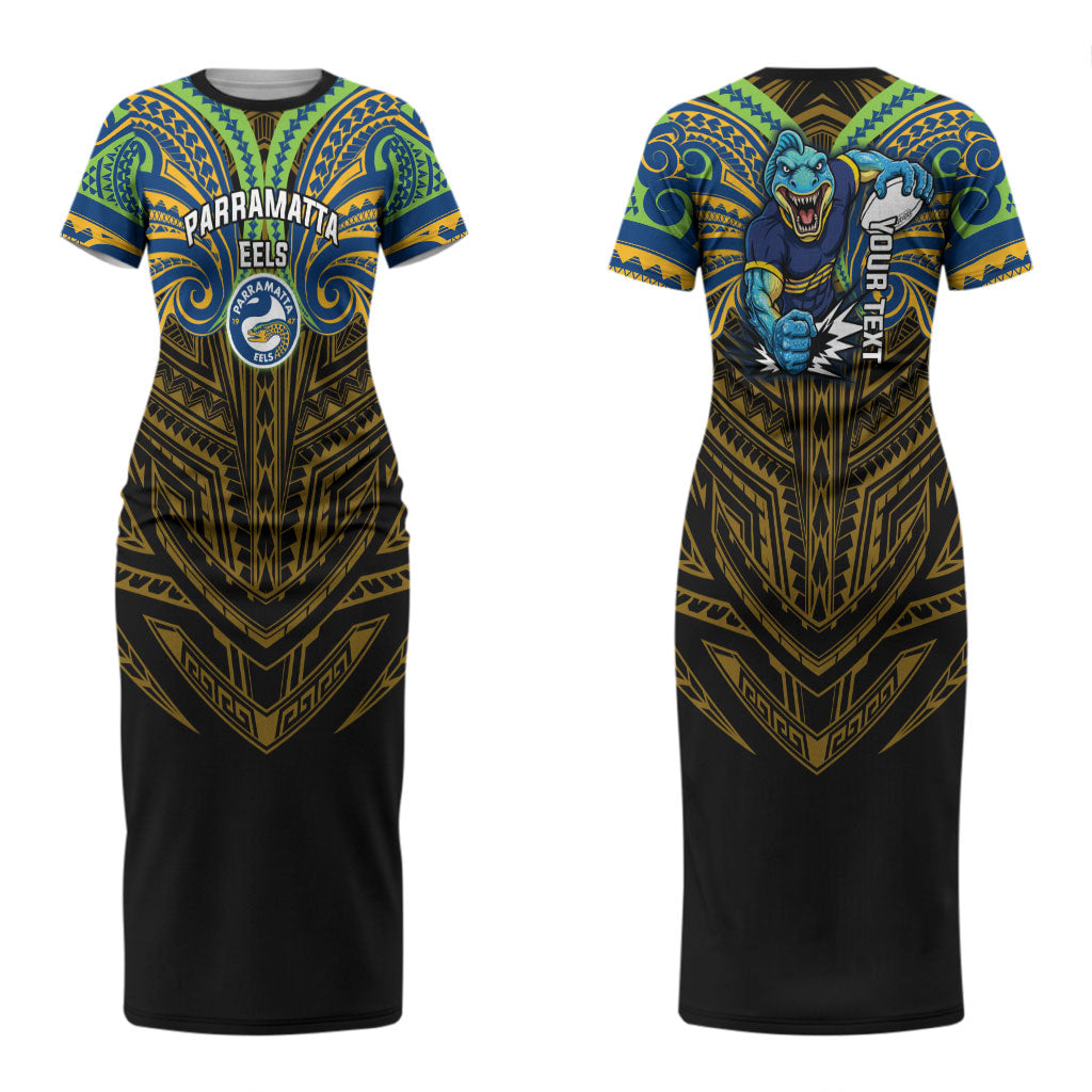 Custom Parramatta Eels Couples Matching Short Sleeve Bodycon Dress and Long Sleeve Button Shirt Eel Warrior Polynesia Islander Rugby Mascot
