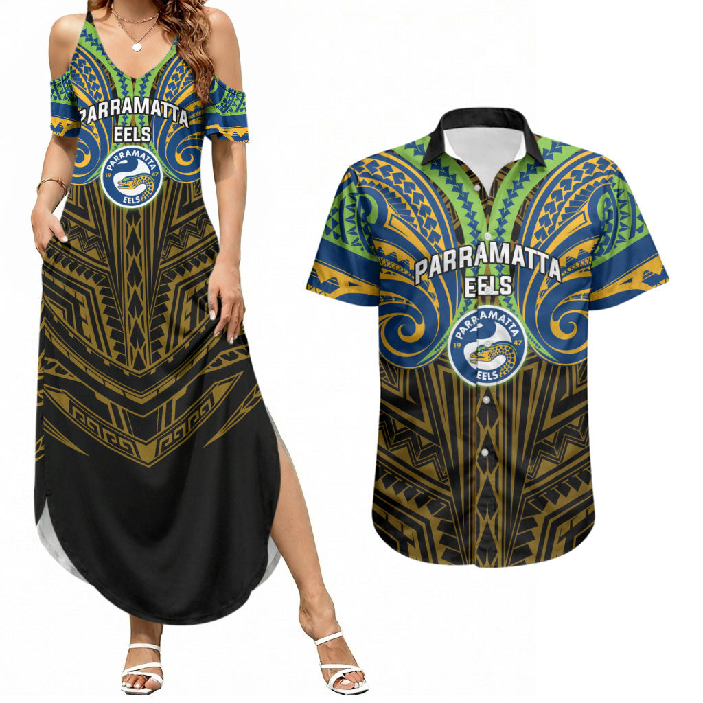 Custom Parramatta Eels Couples Matching Summer Maxi Dress and Hawaiian Shirt Eel Warrior Polynesia Islander Rugby Mascot