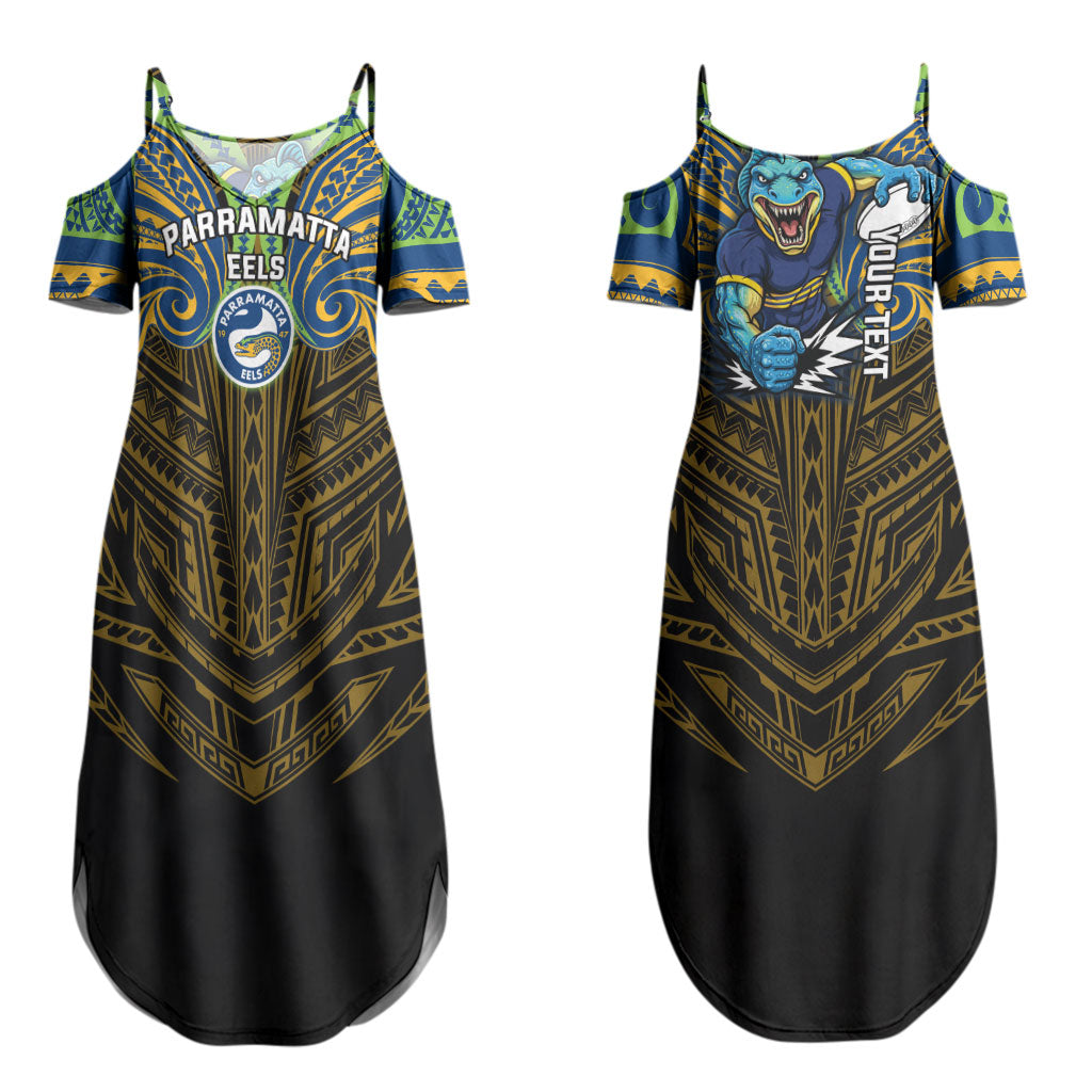 Custom Parramatta Eels Couples Matching Summer Maxi Dress and Long Sleeve Button Shirt Eel Warrior Polynesia Islander Rugby Mascot