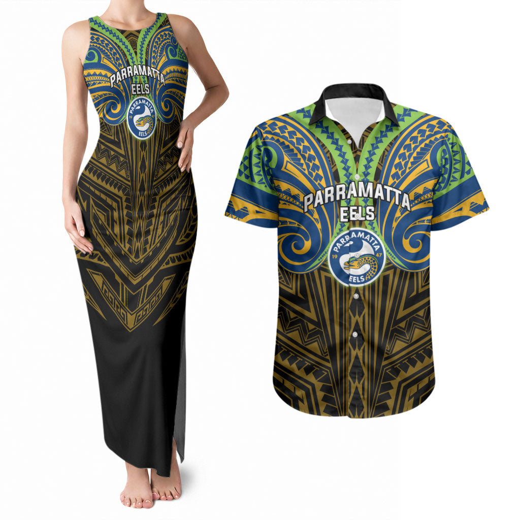 Custom Parramatta Eels Couples Matching Tank Maxi Dress and Hawaiian Shirt Eel Warrior Polynesia Islander Rugby Mascot