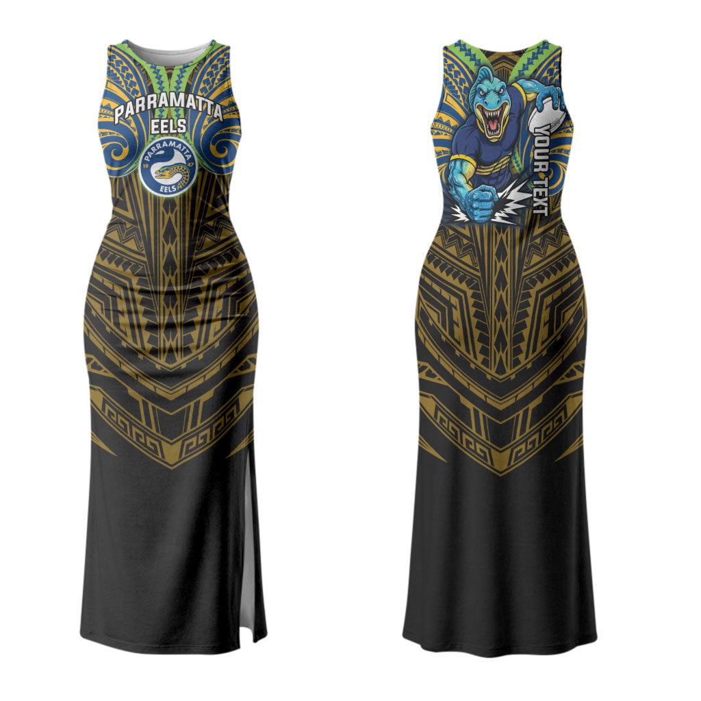 Custom Parramatta Eels Couples Matching Tank Maxi Dress and Hawaiian Shirt Eel Warrior Polynesia Islander Rugby Mascot