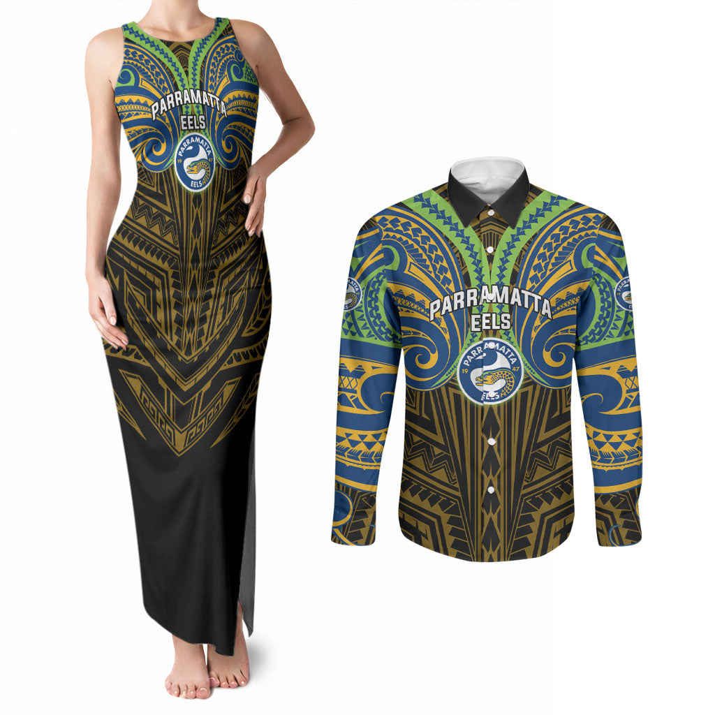 Custom Parramatta Eels Couples Matching Tank Maxi Dress and Long Sleeve Button Shirt Eel Warrior Polynesia Islander Rugby Mascot