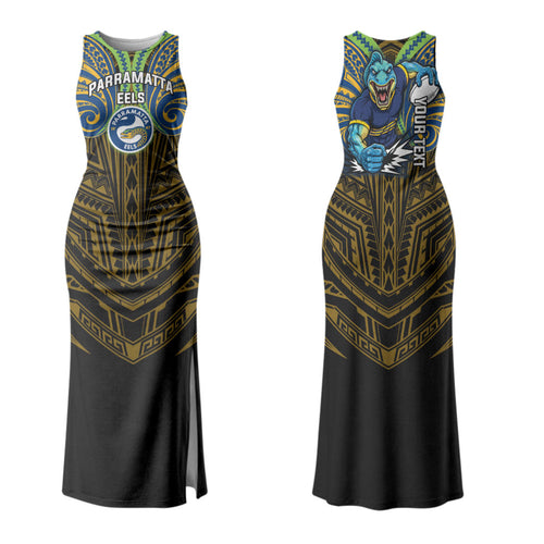 Custom Parramatta Eels Couples Matching Tank Maxi Dress and Long Sleeve Button Shirt Eel Warrior Polynesia Islander Rugby Mascot