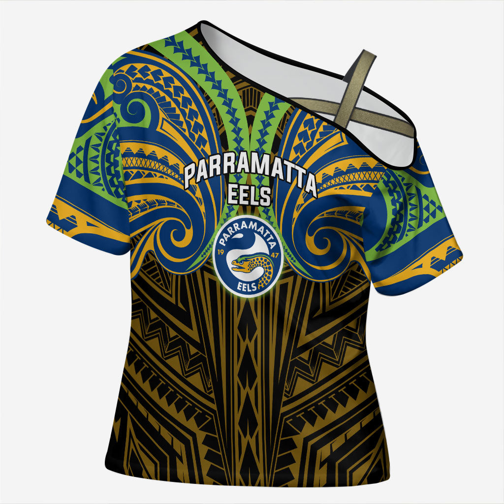 Custom Parramatta Eels Cross Shoulder Shirt Eel Warrior Polynesia Islander Rugby Mascot