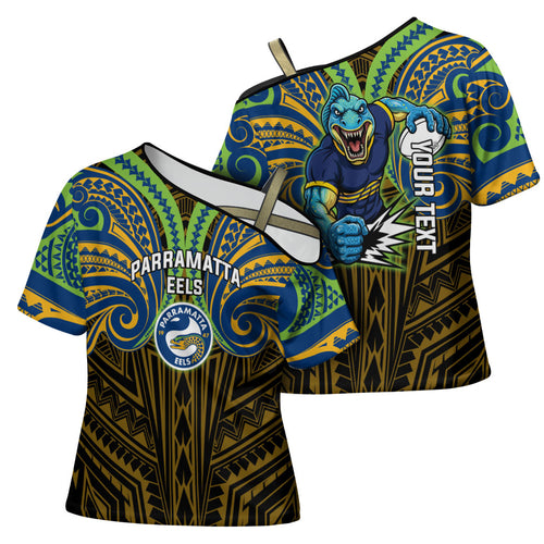 Custom Parramatta Eels Cross Shoulder Shirt Eel Warrior Polynesia Islander Rugby Mascot