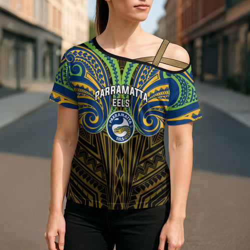 Custom Parramatta Eels Cross Shoulder Shirt Eel Warrior Polynesia Islander Rugby Mascot