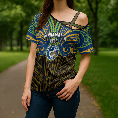 Custom Parramatta Eels Cross Shoulder Shirt Eel Warrior Polynesia Islander Rugby Mascot