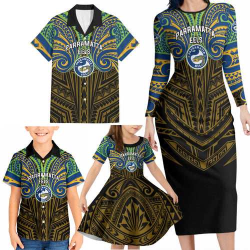 Custom Parramatta Eels Family Matching Long Sleeve Bodycon Dress and Hawaiian Shirt Eel Warrior Polynesia Islander Rugby Mascot