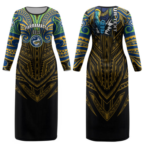 Custom Parramatta Eels Family Matching Long Sleeve Bodycon Dress and Hawaiian Shirt Eel Warrior Polynesia Islander Rugby Mascot