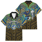 Custom Parramatta Eels Family Matching Long Sleeve Bodycon Dress and Hawaiian Shirt Eel Warrior Polynesia Islander Rugby Mascot