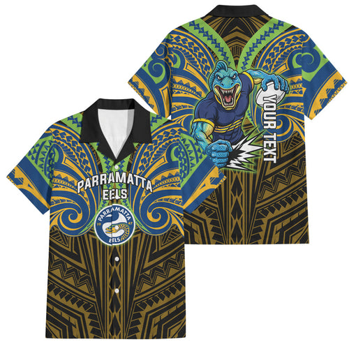 Custom Parramatta Eels Family Matching Long Sleeve Bodycon Dress and Hawaiian Shirt Eel Warrior Polynesia Islander Rugby Mascot