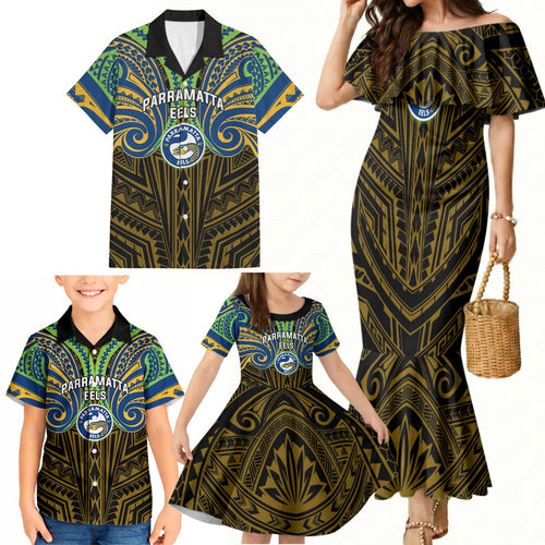 Custom Parramatta Eels Family Matching Mermaid Dress and Hawaiian Shirt Eel Warrior Polynesia Islander Rugby Mascot
