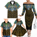 Custom Parramatta Eels Family Matching Off The Shoulder Long Sleeve Dress and Hawaiian Shirt Eel Warrior Polynesia Islander Rugby Mascot