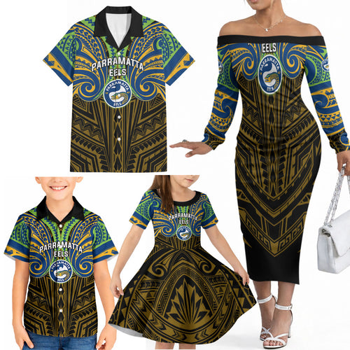 Custom Parramatta Eels Family Matching Off The Shoulder Long Sleeve Dress and Hawaiian Shirt Eel Warrior Polynesia Islander Rugby Mascot