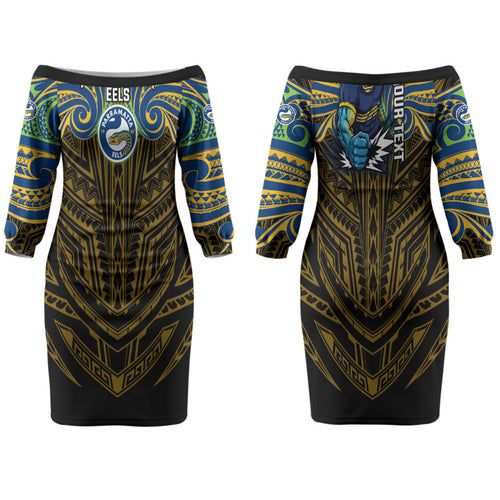 Custom Parramatta Eels Family Matching Off The Shoulder Long Sleeve Dress and Hawaiian Shirt Eel Warrior Polynesia Islander Rugby Mascot