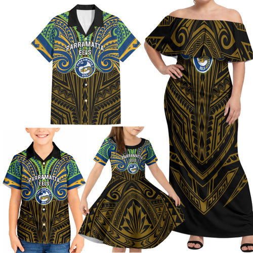 Custom Parramatta Eels Family Matching Off Shoulder Maxi Dress and Hawaiian Shirt Eel Warrior Polynesia Islander Rugby Mascot