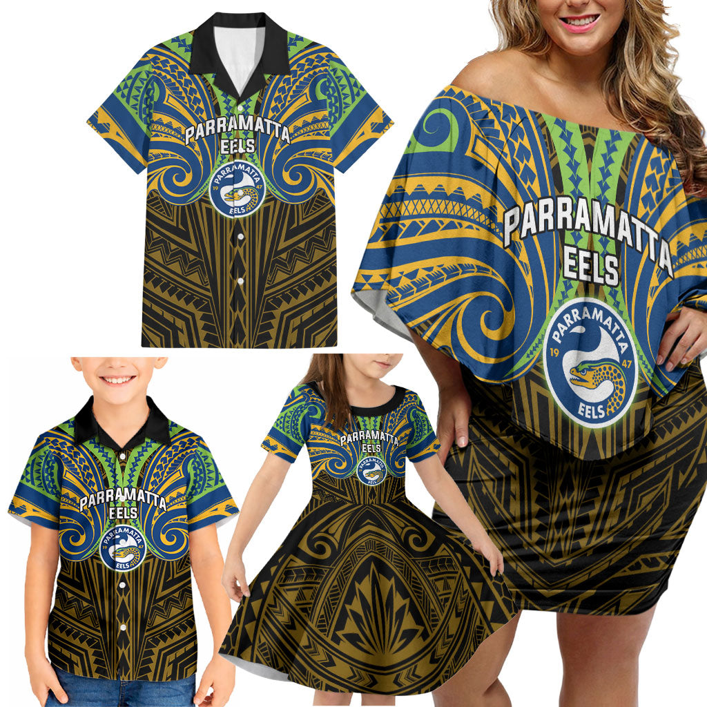 Custom Parramatta Eels Family Matching Off Shoulder Short Dress and Hawaiian Shirt Eel Warrior Polynesia Islander Rugby Mascot