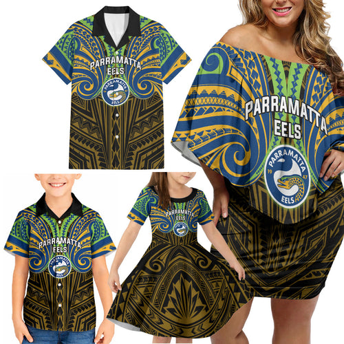 Custom Parramatta Eels Family Matching Off Shoulder Short Dress and Hawaiian Shirt Eel Warrior Polynesia Islander Rugby Mascot