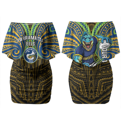 Custom Parramatta Eels Family Matching Off Shoulder Short Dress and Hawaiian Shirt Eel Warrior Polynesia Islander Rugby Mascot