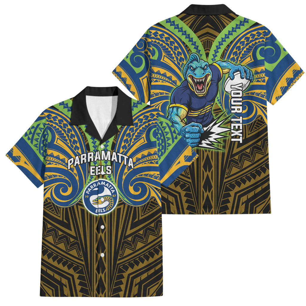Custom Parramatta Eels Family Matching Off Shoulder Short Dress and Hawaiian Shirt Eel Warrior Polynesia Islander Rugby Mascot