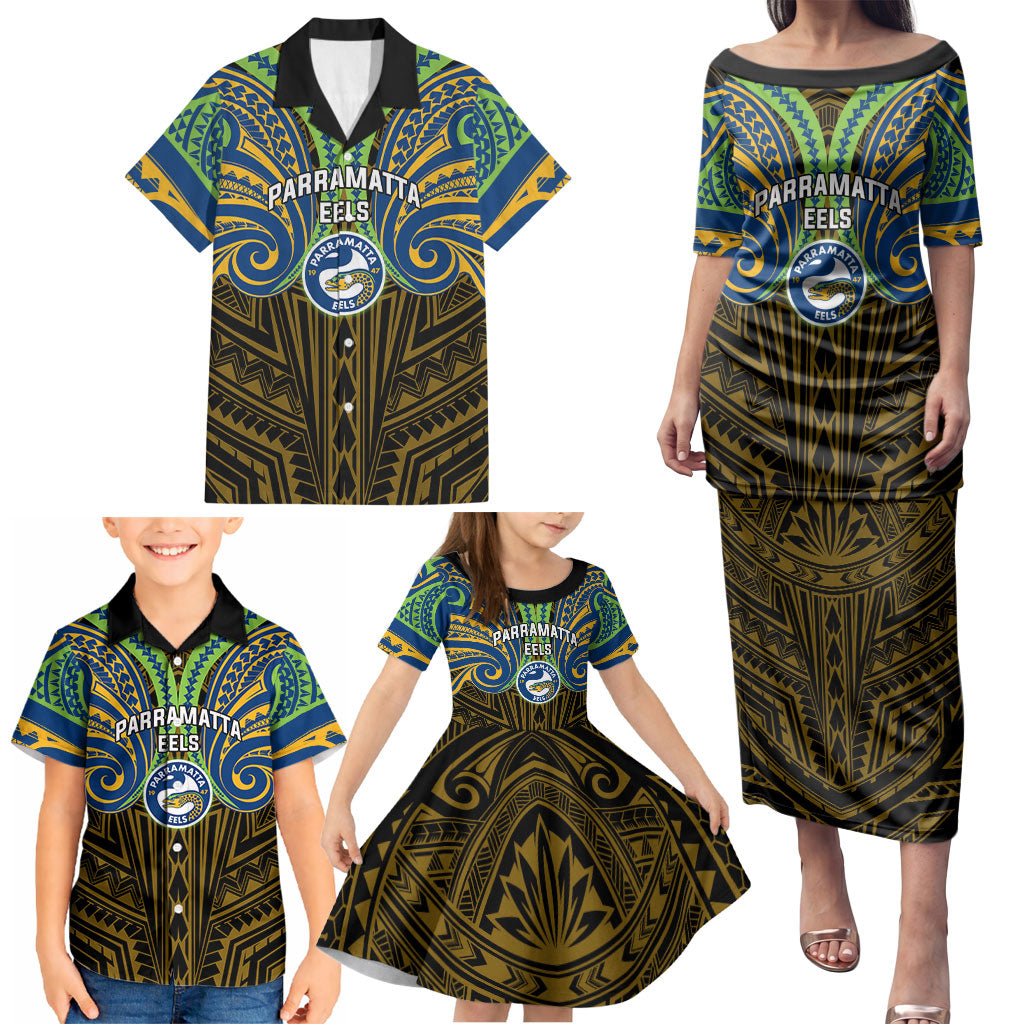 Custom Parramatta Eels Family Matching Puletasi and Hawaiian Shirt Eel Warrior Polynesia Islander Rugby Mascot