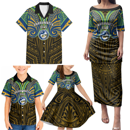 Custom Parramatta Eels Family Matching Puletasi and Hawaiian Shirt Eel Warrior Polynesia Islander Rugby Mascot