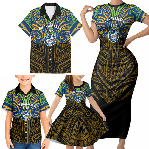 Custom Parramatta Eels Family Matching Short Sleeve Bodycon Dress and Hawaiian Shirt Eel Warrior Polynesia Islander Rugby Mascot