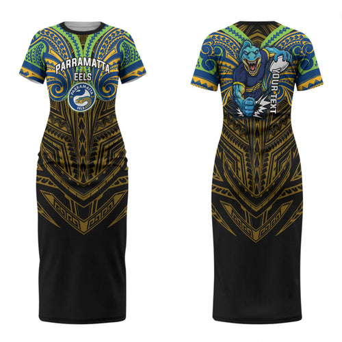 Custom Parramatta Eels Family Matching Short Sleeve Bodycon Dress and Hawaiian Shirt Eel Warrior Polynesia Islander Rugby Mascot