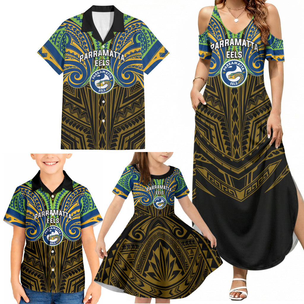 Custom Parramatta Eels Family Matching Summer Maxi Dress and Hawaiian Shirt Eel Warrior Polynesia Islander Rugby Mascot