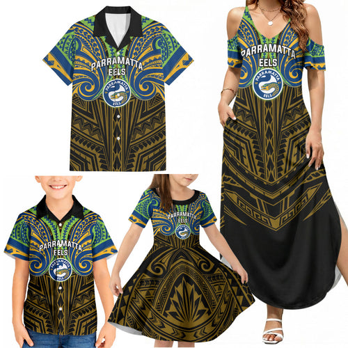 Custom Parramatta Eels Family Matching Summer Maxi Dress and Hawaiian Shirt Eel Warrior Polynesia Islander Rugby Mascot