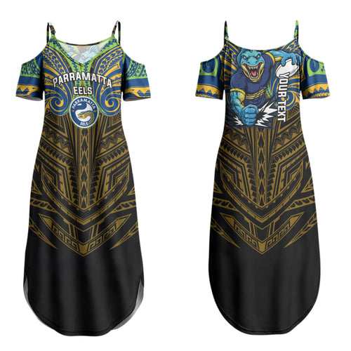 Custom Parramatta Eels Family Matching Summer Maxi Dress and Hawaiian Shirt Eel Warrior Polynesia Islander Rugby Mascot