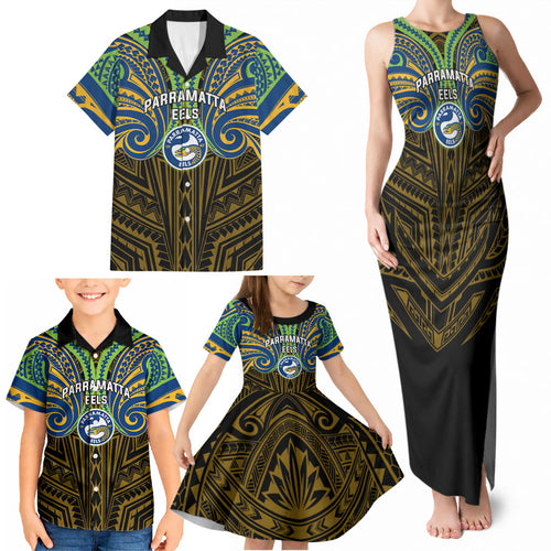 Custom Parramatta Eels Family Matching Tank Maxi Dress and Hawaiian Shirt Eel Warrior Polynesia Islander Rugby Mascot