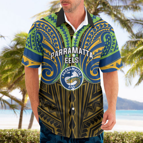 Custom Parramatta Eels Hawaiian Shirt Eel Warrior Polynesia Islander Rugby Mascot
