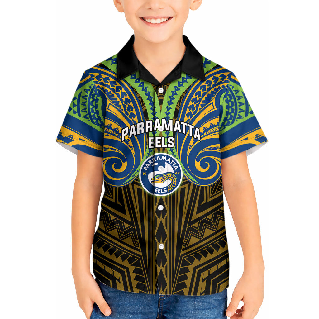Custom Parramatta Eels Kid Hawaiian Shirt Eel Warrior Polynesia Islander Rugby Mascot