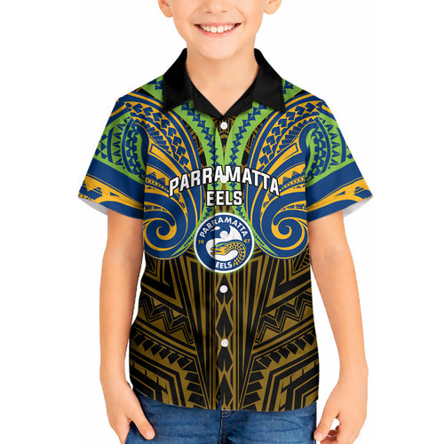 Custom Parramatta Eels Kid Hawaiian Shirt Eel Warrior Polynesia Islander Rugby Mascot