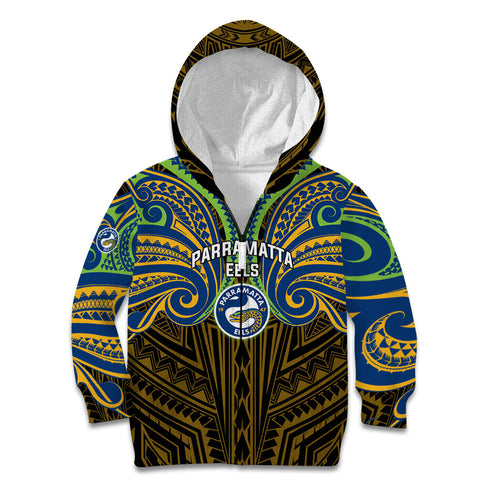 Custom Parramatta Eels Kid Hoodie Eel Warrior Polynesia Islander Rugby Mascot
