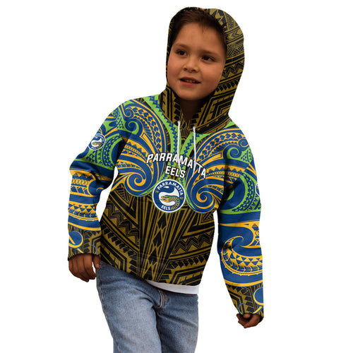 Custom Parramatta Eels Kid Hoodie Eel Warrior Polynesia Islander Rugby Mascot