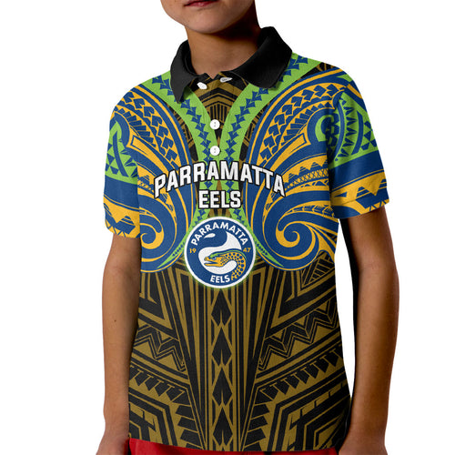Custom Parramatta Eels Kid Polo Shirt Eel Warrior Polynesia Islander Rugby Mascot
