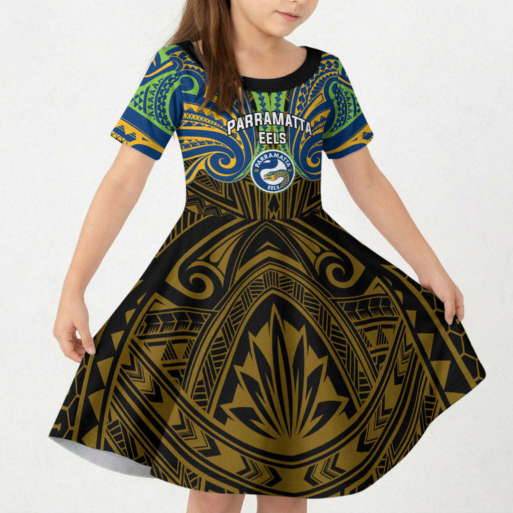 Custom Parramatta Eels Kid Short Sleeve Dress Eel Warrior Polynesia Islander Rugby Mascot