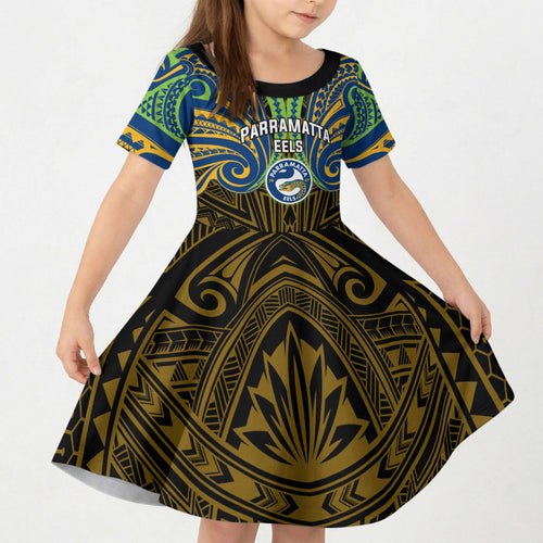 Custom Parramatta Eels Kid Short Sleeve Dress Eel Warrior Polynesia Islander Rugby Mascot