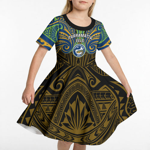 Custom Parramatta Eels Kid Short Sleeve Dress Eel Warrior Polynesia Islander Rugby Mascot