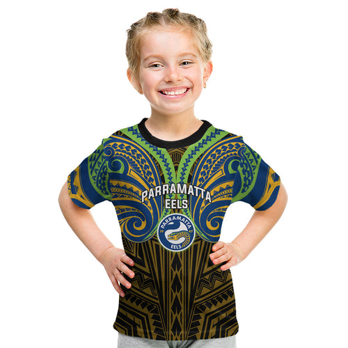Custom Parramatta Eels Kid T Shirt Eel Warrior Polynesia Islander Rugby Mascot
