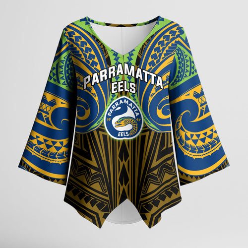Custom Parramatta Eels Kimono Sleeve Blouse Eel Warrior Polynesia Islander Rugby Mascot