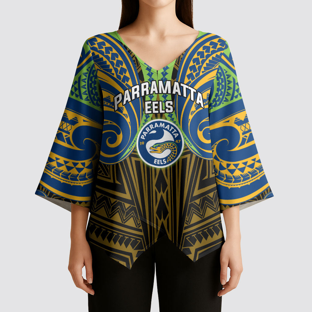 Custom Parramatta Eels Kimono Sleeve Blouse Eel Warrior Polynesia Islander Rugby Mascot