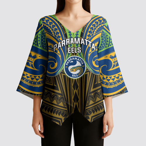 Custom Parramatta Eels Kimono Sleeve Blouse Eel Warrior Polynesia Islander Rugby Mascot