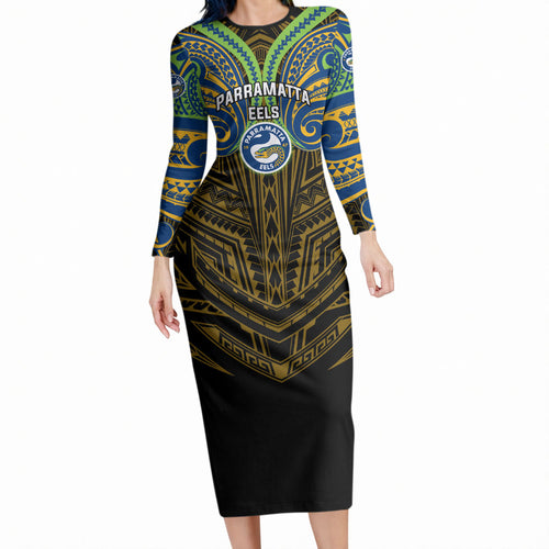 Custom Parramatta Eels Long Sleeve Bodycon Dress Eel Warrior Polynesia Islander Rugby Mascot