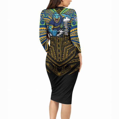 Custom Parramatta Eels Long Sleeve Bodycon Dress Eel Warrior Polynesia Islander Rugby Mascot