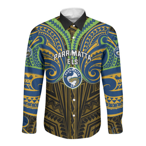 Custom Parramatta Eels Long Sleeve Button Shirt Eel Warrior Polynesia Islander Rugby Mascot